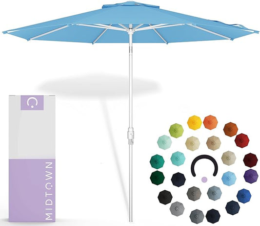 Midtown Umbrellas The Swilt 8 Feet Patio Umbrella in Sunbrella Capri Acrylic Fabric - Fiberglass Ribs, Auto-Tilt Aluminum Frame For Backyard, Deck, Garden, Pool - White Pole