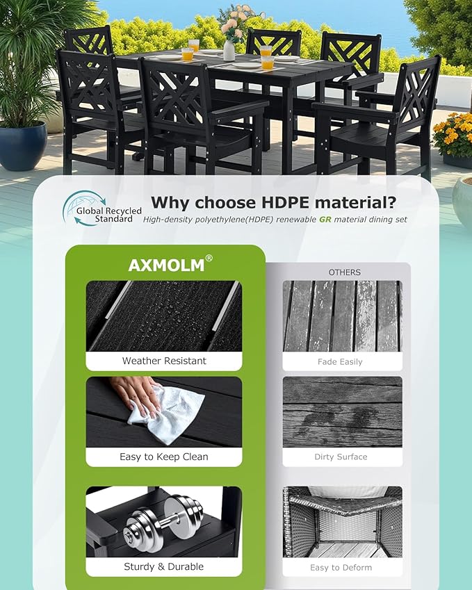 7 Piece HDPE Outdoor Dining Set for 6, Patio DHPE Furniture Set with Umberlla Hole, Weather Resistent Outdoor Table and Chairs for Garden, Poolside, Backyard, Deck, Black