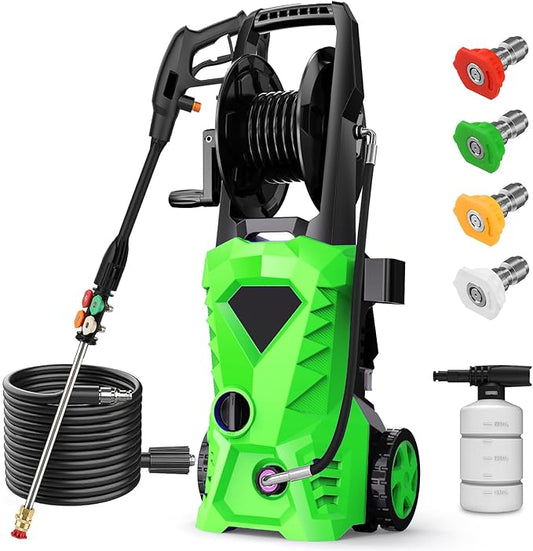 5000PSI Pressure Cleaner - 2025 New Power Cleaner with Upgraded 33ft Pressure Cleaner Hose Reel, Foam Cannon, 4 Nozzle Set, Power Cleaner for House/Patios/Car/Fence, Green