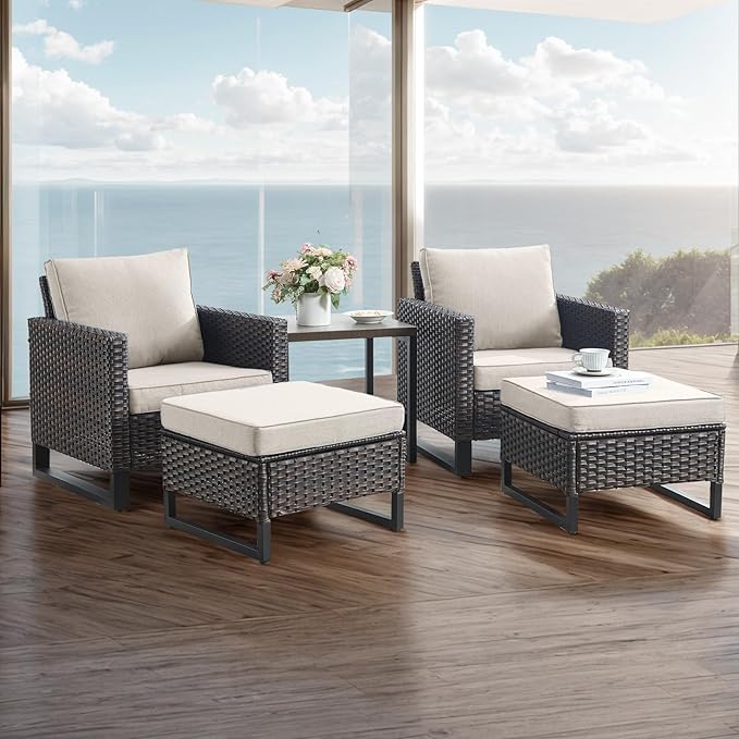 Rilyson Wicker Outdoor Patio Furniture Set - 5 Piece Patio Conversation Set with 2 Wicker Armrest Chairs,2 Rattan Ottoman and 1 Metal Side Table for Outside Porch Deck Backyard Garden(Brown/Beige)
