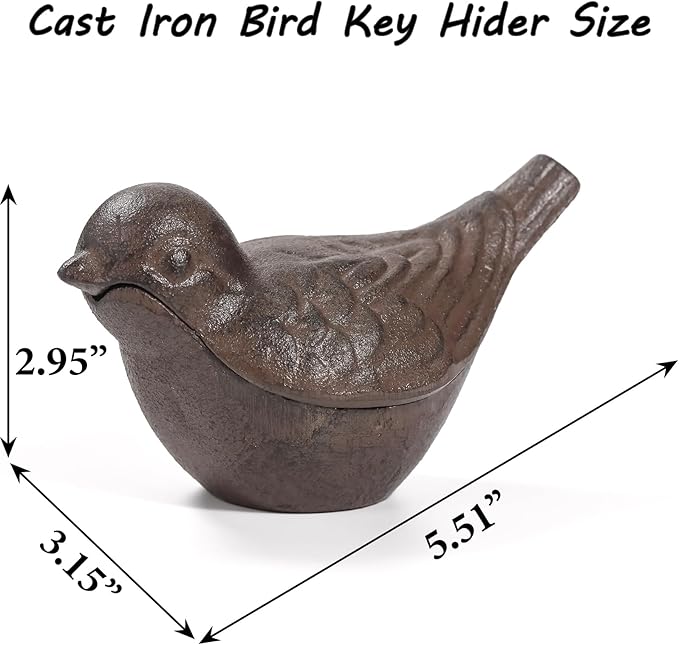 Cast Iron Bird Key Hider, Bird Statue and Keys Hiders Outside, Decorative Outdoor Hidden Keys Holder, Animal Shaped Hide a Key for Indoor Garden Yard Patio Decor, Brown