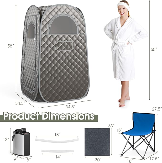 COSTWAY Portable Steam Sauna, Full-Body Personal Sauna Tent w/ 3L Steam Generator, Foldable Chair, Foot Massager, Timer, Remote Control, Indoor Pop-up Sauna Tent for Home Spa Relaxation (Gray)