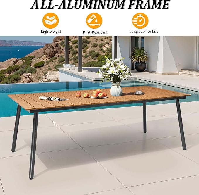 Outdoor Dining Table for 6-8, 82.7 inch Patio Dining Table with Wooden-Like Top and Aluminum Frame, Rectangular Table with Umbrella Hole Outdoor Furniture, Brown