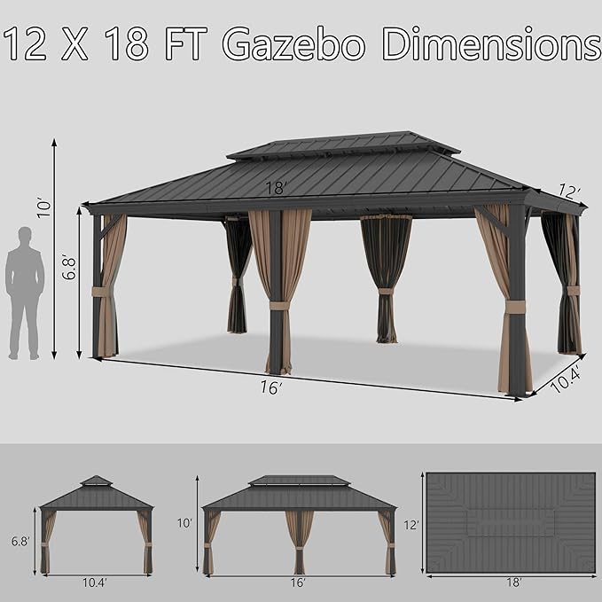 12'x18' Hardtop Gazebo, Outdoor Aluminum Patio Gazebo Double Roof Galvanized Steel Canopy with Netting and Curtains,for Garden, Patio, Backyard, Deck and Lawns.