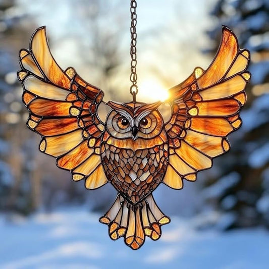 Mandala Owl Acrylic Suncatcher Stained Glass Effect Window Car Hanging Christmas Ornament Indoor Outdoor Decor Garden Sun Catcher Gifts Boho Spiritual Native American Decorations for Women Mom Grandma
