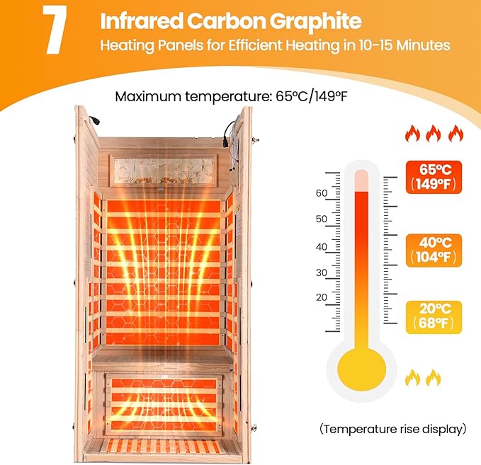 Sauna Indoor Far Infrared Saunas Home 1 Person Canadian Hemlock 1450W Low-EMF Dry Spa Sauna with Oxygen Bar, 26 Colorful Starry Sky Lights, 7 Heating Plates, Intelligent Control, Speaker - H5.9 ft