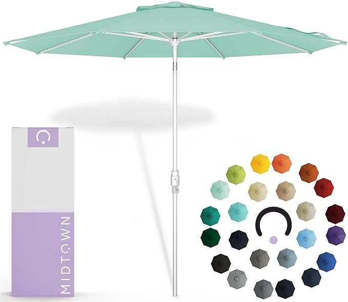 Midtown Umbrellas The Swilt 8 Feet Patio Umbrella in Sunbrella Canvas Glacier Acrylic Fabric - Fiberglass Ribs, Auto-Tilt Aluminum Frame For Backyard, Deck, Garden, Pool - White Pole