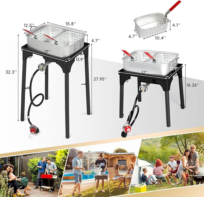 Bonnlo 18 QT Aluminum Fish Fryers Outdoor Cooking Pot, 55,000 BTU Propane Deep Fryer with Heightened Stove 2 Baskets & Thermometer for Frying Chicken Wings & French Fries for Backyard, Camping, Party