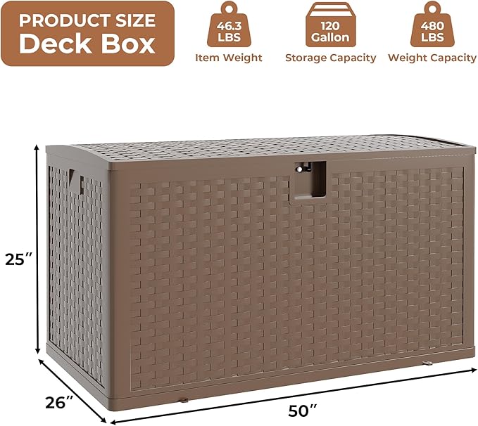 120 Gallon Outdoor Storage Box, Lockable Resin Deck Box Indoor and Outdoor Use, Waterproof Patio Deck Storage Box For Package Delivery, Furniture Cushions, Garden Tools, Pool Accessories
