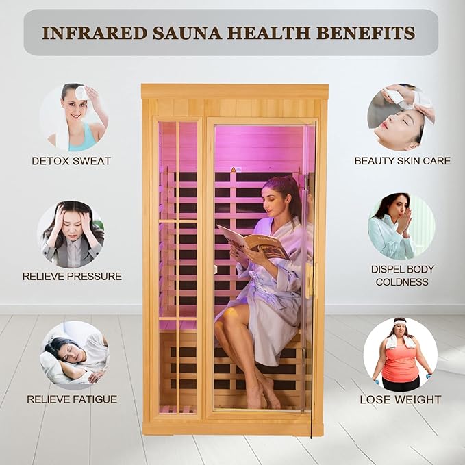 1-2 Person Infrared Sauna, Hemlock Wood Low EMF Far Infrared Saunas for Home, 1350watt Indoor Personal Sauna Room Box with APP Control, Glass Door, Blue-Tooth, LCD, LED Reading Light