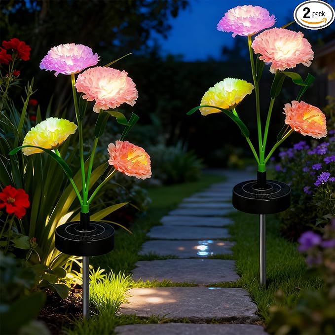 Solar Flowers Lights - Upgraded Outdoor Carnation Flowers Lights, 7-Color Changing & Waterproof Outdoor Solar Lights for Garden, Patio, Backyard,Party and Office (Carnation, 2)