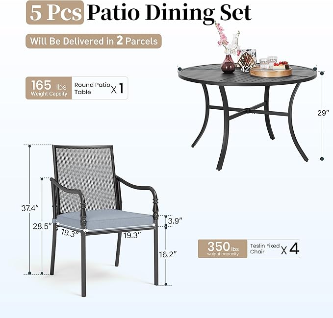 Patio Table and Chairs Set of 4, All-Weather Breathable Metal Mesh Patio Chair with Gourd-Shaped Armrests, 42x42 Round Table with Umbrella Hole, 5 Pcs Metal Frame Patio Dining Set