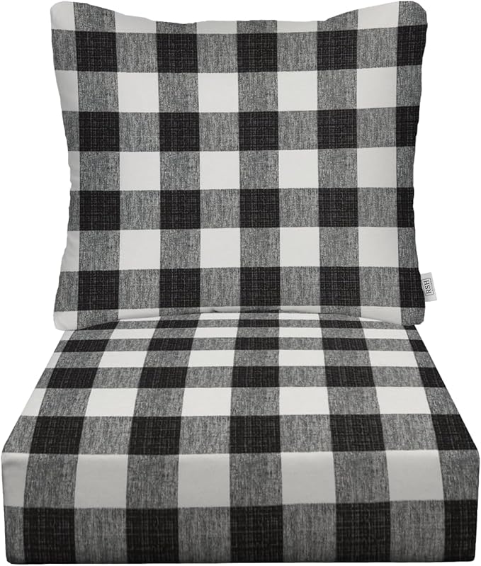 RSH DECOR Deep Seating Cushion with Pillow Back | 23.5” x 25” Seat | Water and Fade-Resistant Spun Fabric | Outdoor Chair Cushion Set for Patio Furniture | Black Buffalo Plaid