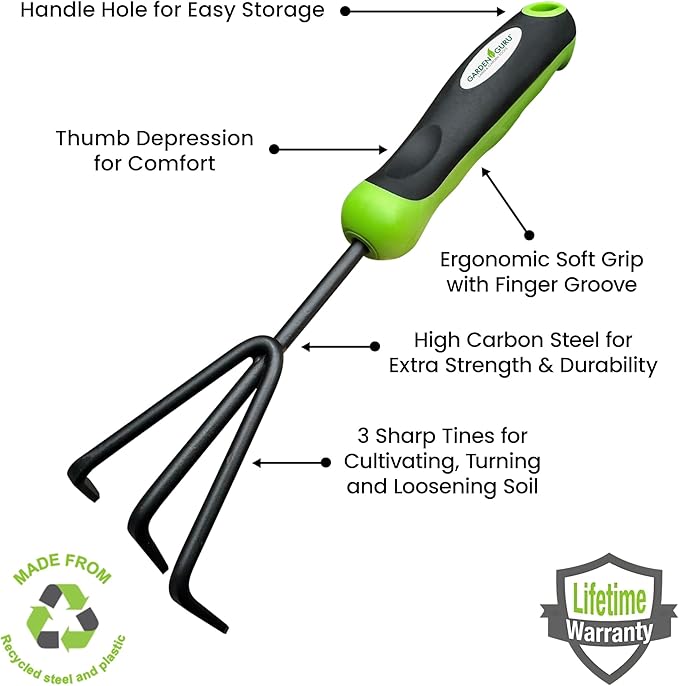 Garden Guru Hand Cultivator Rake Tiller Tool – High Carbon Steel for Ultimate Strength - Rust Resistant – Ergonomic Handle – Great for Gardening Cultivating Loosening Weeding (4 Pack)