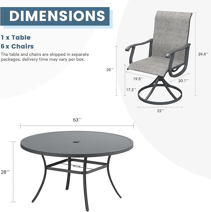 DIFY 7 Pieces Outdoor Patio Dining Set, 6 Grey Textilene Swivel Dining Chairs and 53" Grey Round Metal Dining Table, Outdoor Table and Chairs