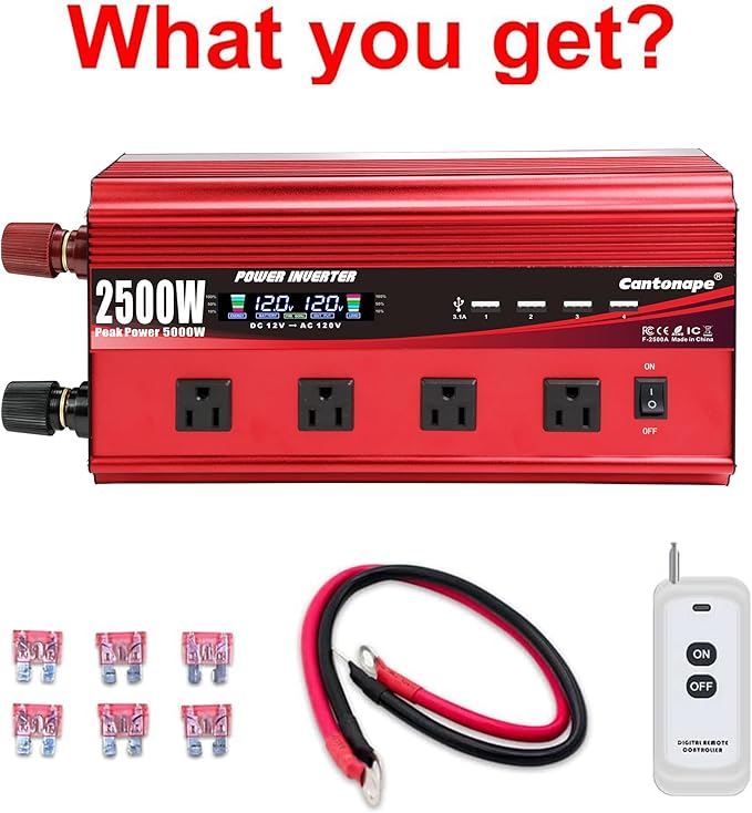 2500W Power Inverter 12V to 110V/120V DC to AC with LCD Display, Remote Controller 4 x AC Outlets and 4 x 3.1A USB Car Adapter for Car Truck Boat RV Solar System