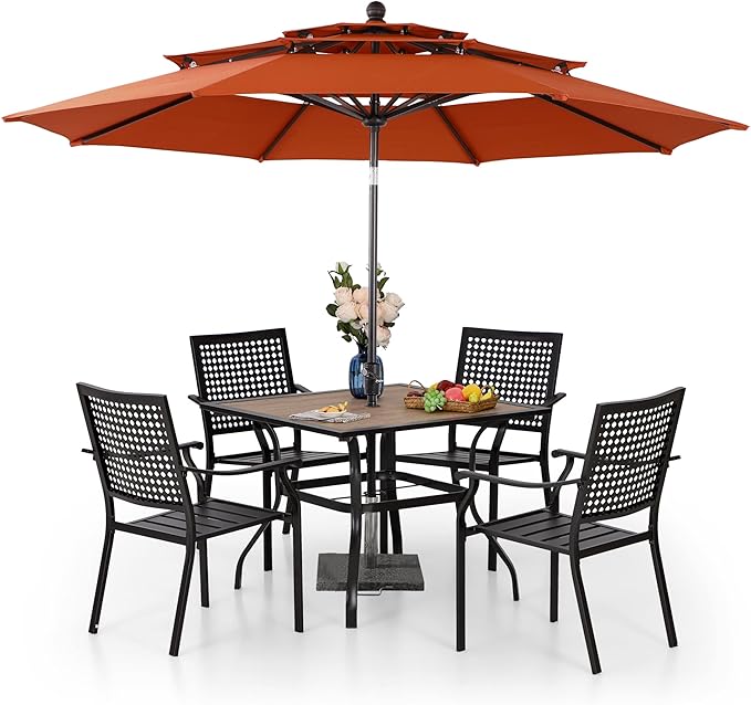 PHI VILLA 5 Pieces Patio Dining Set for 4 with 10ft Patio Umbrella, Metal Outdoor Stackable Wrought Iron Chair Set of 4 & 37" Metal Wood-Like Dining Table,3 Tier Vented Market Table Beige Umbrella
