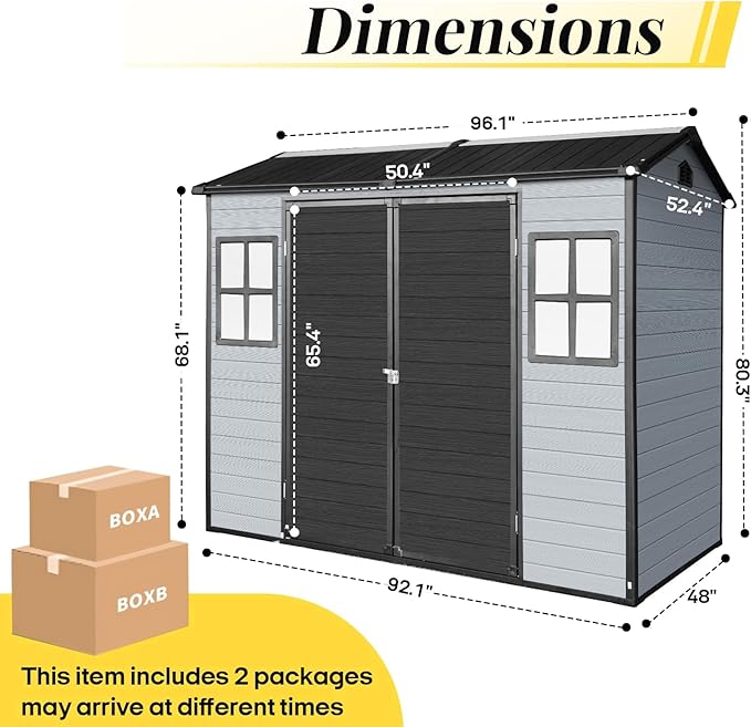 8x4 FT Resin Storage Shed with Floor Included, Outdoor Plastic Sheds & Outdoor Storage Clearance with 2 Windows and Lockable Door, Backyard Storage Shed for Garden Tools, Bike, Black+Grey