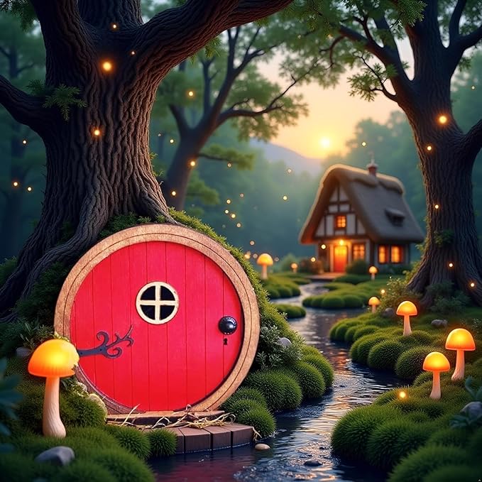 Red Fairy Garden Door for Trees, Outdoor Mini Garden Sculpture Ornament, Tree Trunk Fairytales Door Decoration