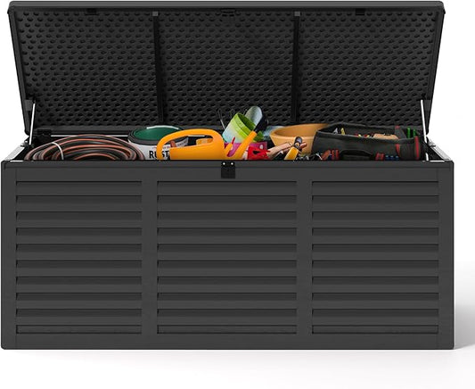 HUGROVE Resin Deck Box, 130 Gallon Outdoor Storage Box with Lockable Lid, Waterproof Patio Storage for Garden Tools & Outdoor Accessories (Dark Black) (Dark Black)