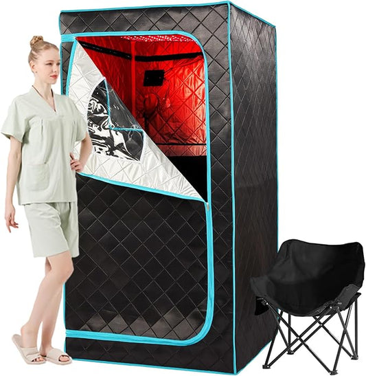 Portable Infrared Sauna for 1 Person, Red Light Therapy Full Size Home Sauna Box with Premium Dry Heating, Remote Temperature Control, Heated Foot Pad & Reinforced Folding Chair