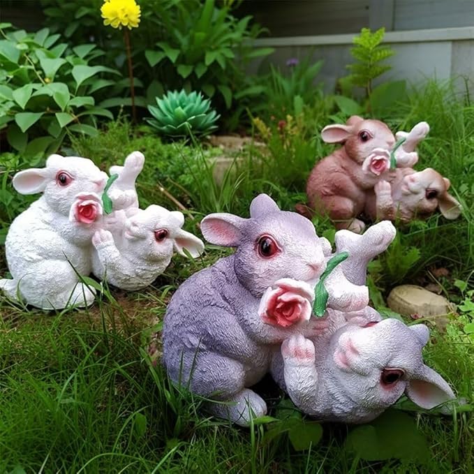 Garden Statues Bunny Decor Resin Flower Rabbit Figurine Cute Fairy Garden Decor Outdoor Statues for Patio Yard Porch Balcony Gifts for Women Mom Grandma White