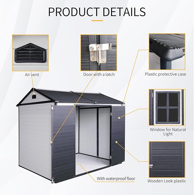 Outdoor Storage Shed with Two-Window and Lockable Door, 8 x 6 FT Resin Storage Shed, Plastic Tool Shed with Floor for Gargen, Patio, Yard, Lawn