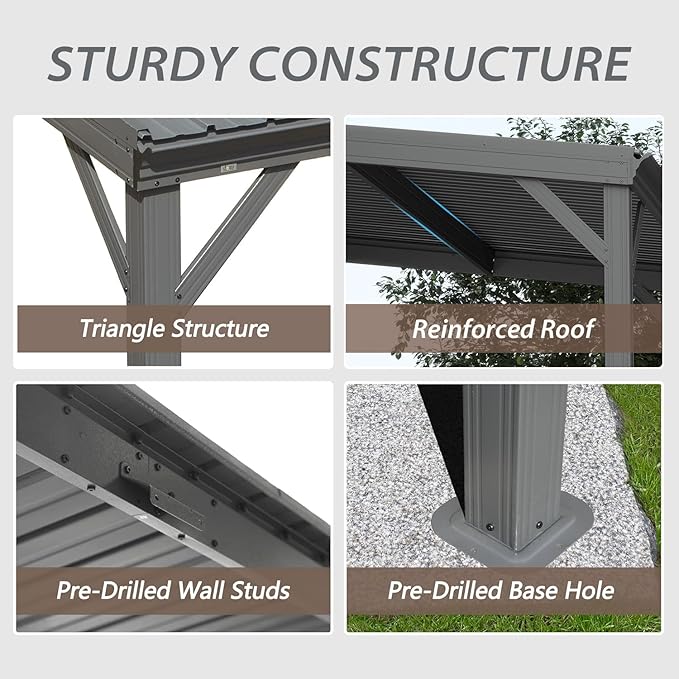 Domi 10'x12' Wall Mounted Hardtop Gazebo, Connectable Lean to Pergola with Gutters & Galvanized Steel Roof, 60MPH Wind Resistance, Outdoor Heavy Duty Metal Awning for Patio, Deck, Backyard - Grey