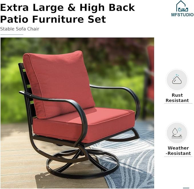 MFSTUDIO 8 Pieces Patio Furniture Sets with 45" Gas Fire Pit Table(Up to 9 Seat),Outdoor Metal Conversation Sofas with 1 x 3-Seat Sofa, 2 Single Chairs,2 Swivel Chairs and 2 Ottoman,Red Cushion
