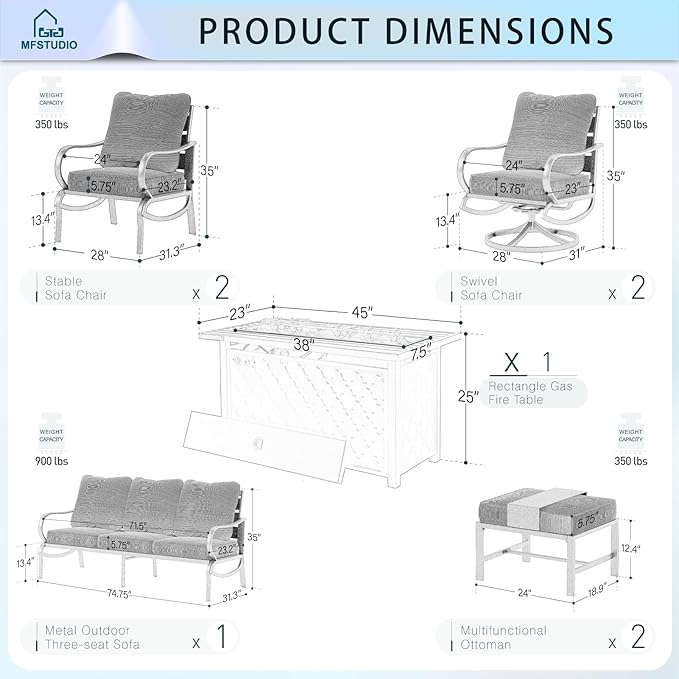 MFSTUDIO 8 Pieces Patio Furniture Sets with 45" Gas Fire Pit Table(Up to 9 Seat),Outdoor Metal Conversation Sofas with 1 x 3-Seat Sofa, 2 Single Chairs,2 Swivel Chairs and 2 Ottoman,Red Cushion