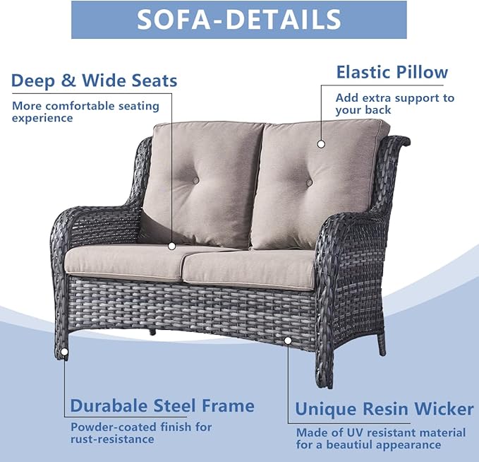 HUMMUH Outdoor Loveseat Sofa 2-Seat PE Rattan Patio Love Seat with Cushions,Deep Seat High Curved Back Armset Sectional Couch for Patio,Garden,Yard,Porch
