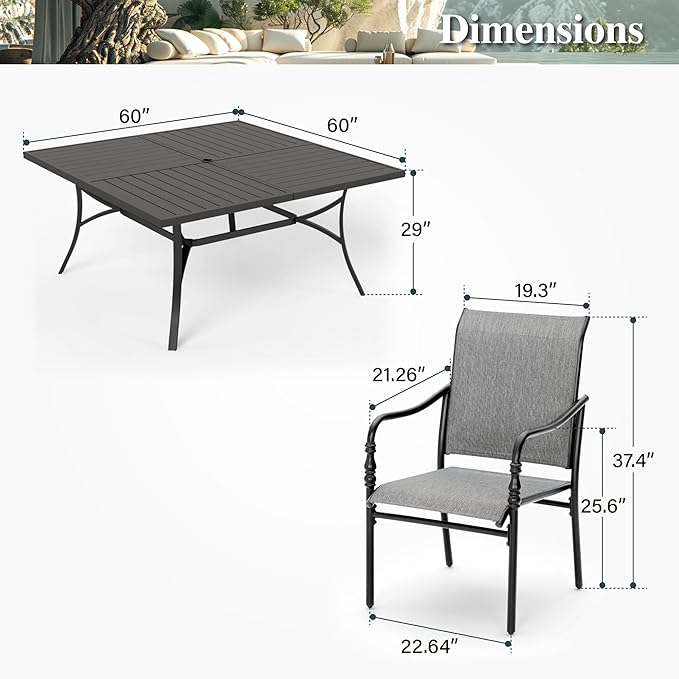 HERA'S HOUSE Square Outdoor Dining Set for 8, 9 Pieces Patio Table and Chairs Set, All Weather Black Metal Table with 8 Dining Chairs for Backyard Garden Lawn Deck Porch