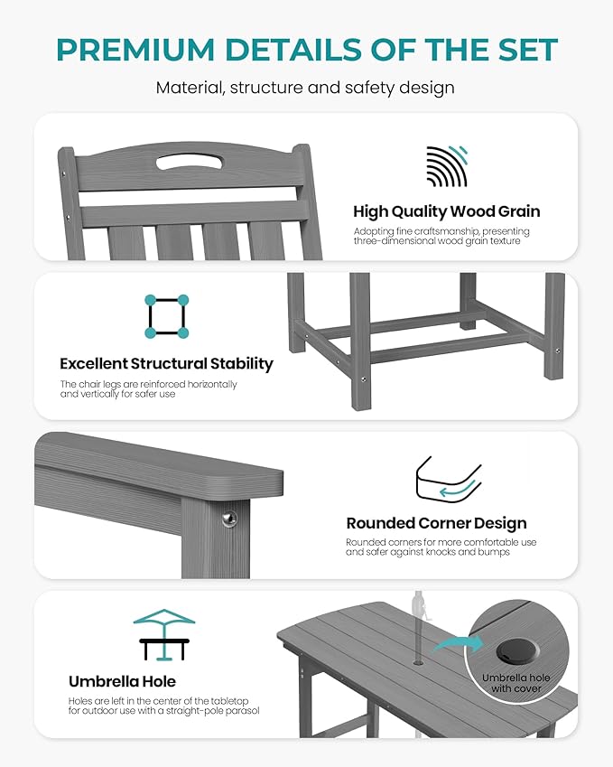 HDPE Outdoor Patio Dining Set with Table & 6 Chairs, All-Weather 7-Piece Outdoor Table and Chairs, 2" Umbrella Hole, Patio Furniture for Garden, Backyard, Deck | Grey