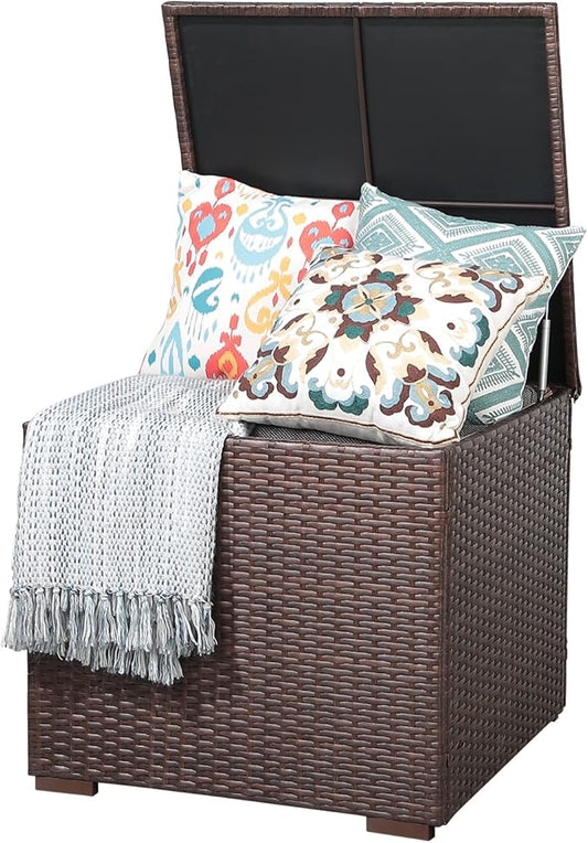 Patiorama 88 Gallon Wicker Deck Box, Indoor/Outdoor Storage Box for Patio Cushions, and Gardening Tools- Resin Rattan Patio Cushion Storage Bin, Brown