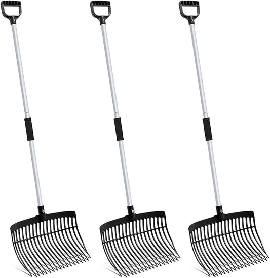 Lasnten 3 Sets Black Manure Fork with Long Metal Handle Pitch Fork Manure Rake Heavy Duty Muck Rake for Gardening Horse Stall Stable Grass Hay Cleaning Farm Work(D Shaped Grip)