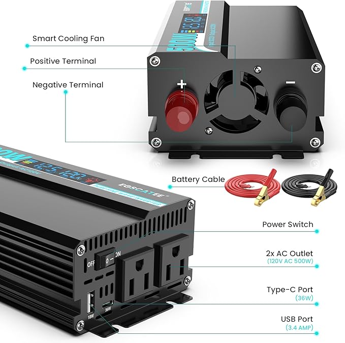 500W Pure Sine Wave Inverter - 12V DC to 110V/120V AC Car Power Converter with 2 AC Outlets, USB Port, Type-C Port, LCD Display Power Inverter for Car, Truck, Home, Vehicles, Laptop