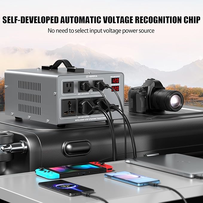 6000W Voltage Auto Converter Transformer, Heavy Duty Step Up/Down Power Converter 110/120/220/240V with 3 US Outlets,3 Universal Outlets,LED Display,w/US Standard Power Cord Circuit Breaker Protection