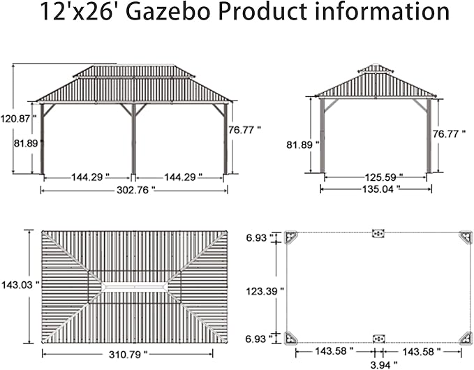 PURPLE LEAF 12' X 26' Outdoor Hardtop Gazebo Patio Wide Aluminum Frame Metal Double Roof with Heavy Duty Netting and Curtains for Permanent Hard Top Pavilion Screen Khaki
