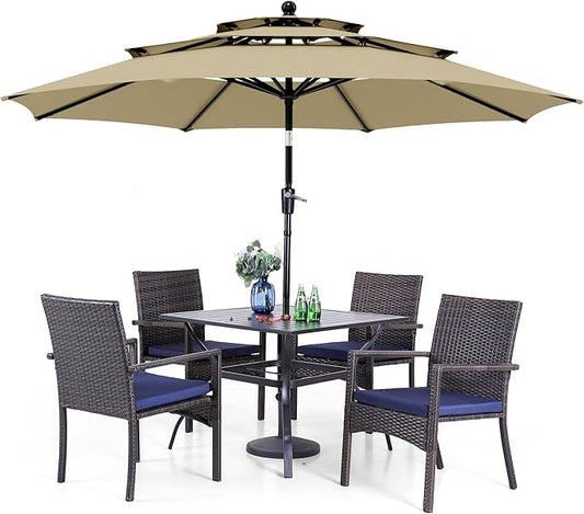 PHI VILLA 5 Piece Outdoor Dining Set with Umbrella, 37" Square Metal Dining Table & 4 Cushioned Wicker Rattan Chairs with 10ft Beige Umbrella for Patio, Deck, Yard, Porch