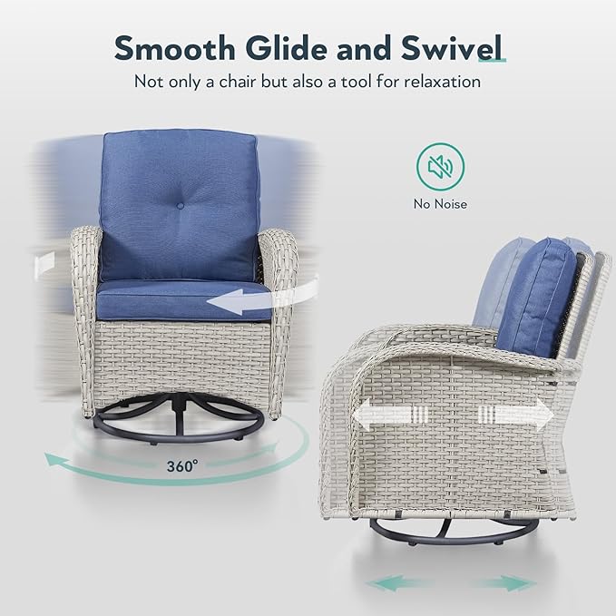 5 Piece Patio Furniture Set - Wicker Patio Conversation Set with Swivel Glider, Loveseat Bench, Tempered Glass Side Table and Coffee Table for Deck Backyard - Light Beige Wicker Blue Cushion