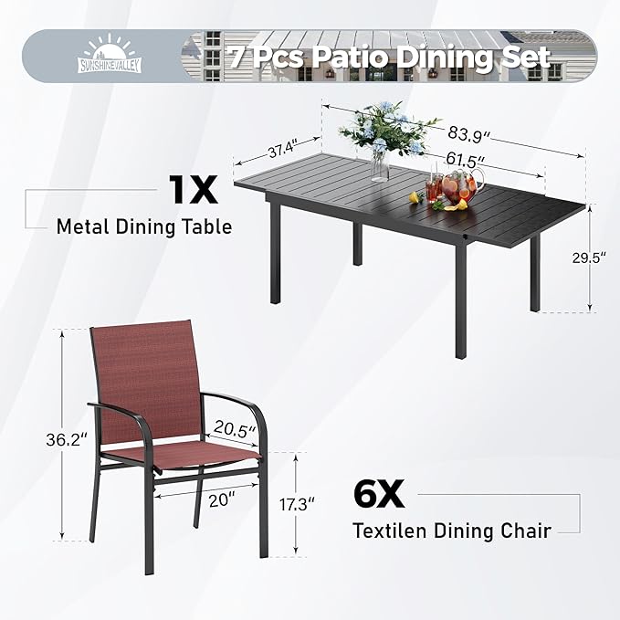 Patio Dining Set 7 PCS, Outdoor Red Dining Chairs for 6, Rectangular Steel Extendable Dining Table,Patio Dining Table and Chairs for Outdoor Lawn Garden,Deck.