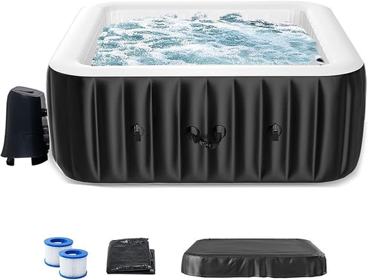 LILYPELLE 4-6 Person Inflatable Hot Tub, Square Portable Hot Tub with 130 Bubble Jets, Large Outdoor Spa Bathtub Set with Heater Pump, Filter and Insulated Cover, 73" X 73" X 25"