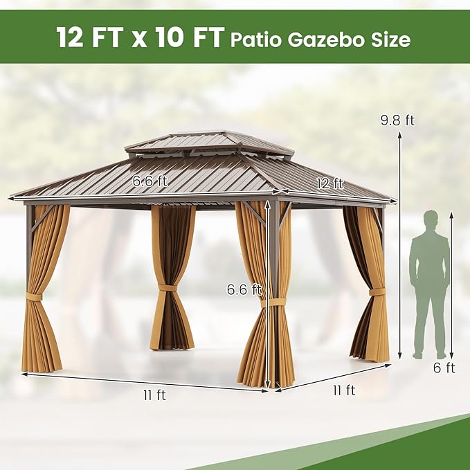 Tangkula 12x12 FT Hardtop Gazebo, Outdoor Permanent Pavilion Shelter with Netting & Curtain, Heavy-Duty Double Galvanized Metal Roof, Aluminum Frame, Outdoor Gazebo for Patio Garden Deck Lawn