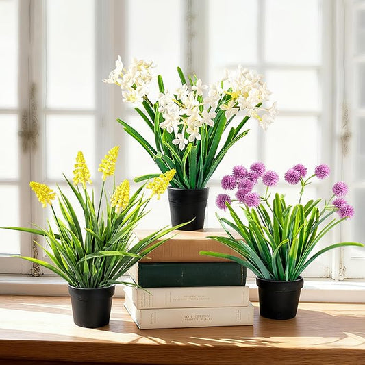 3 Pack Fake Small Plant Artificial Potted Flowers for Home Decor Fake Flower Plant Greenery Mini Faux Plant for Indoor Bedroom Living Room Office Shelf Bathroom Farmhouse Decor (Type 9)
