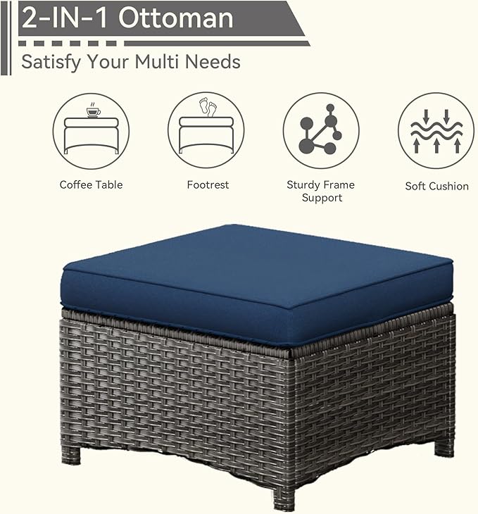 5 Pieces Outdoor Patio Furniture Set - Conversation Set Includes Wicker Swivel Rocker Chairs Set of 2, 2 Ottoman, 3 Seat Sofa, Suitable for Porch, Yard, Mixed Brown Rattan, Blue