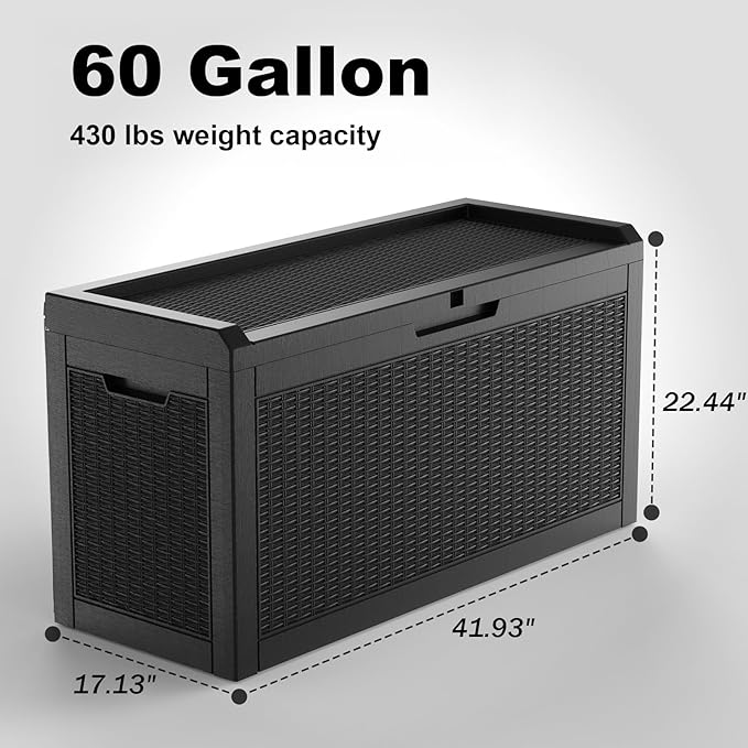 DRATO 60 Gallon Deck Box, Waterproof Resin Large Outdoor Storgae Box for Patio Furniture, Patio Cushions, Gardening Tools, Pool Supplies, Lockable