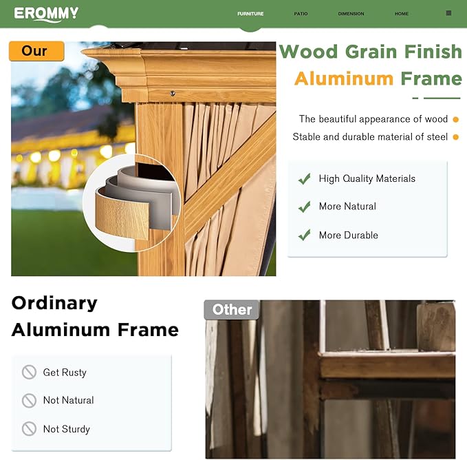 EROMMY 10'x12' Gazebo, Wood Grain Aluminum Frame Canopy with Double Galvanized Steel Hardtop Roof, Outdoor Permanent Metal Pavilion with Curtains and Nettings for Patio, Backyard and Deck