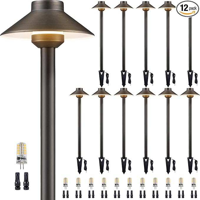 Gardenreet Solid Brass Pathway Light - 12v Landscape Path Lights Outdoor Waterproof, Electric Walkway Lamp Wired, Hat Shape Antique Bronze Garden Decoration with 3W 270LM 2700K G4 Bulb (12 Pack)