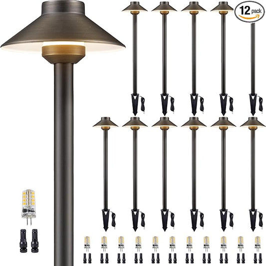 Gardenreet Solid Cast Brass Pathway Light - 12v Landscape Path Lights Outdoor Waterproof, Electric Walkway Fixture Wired, Antique Bronze Garden Decor with 3W 270LM 5000K Daylight G4 Bulb (12 Pack)