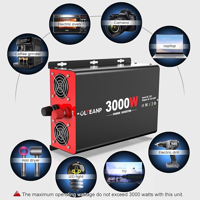 3000 Watt Power Inverter 12V DC to 110V AC Car Inverter with 4 AC Outlets, 30W Type-C Port, 3.1A USB Port, Remote Controller on LCD Screen, Power Converter for Truck, Home, Vehicles,Trip